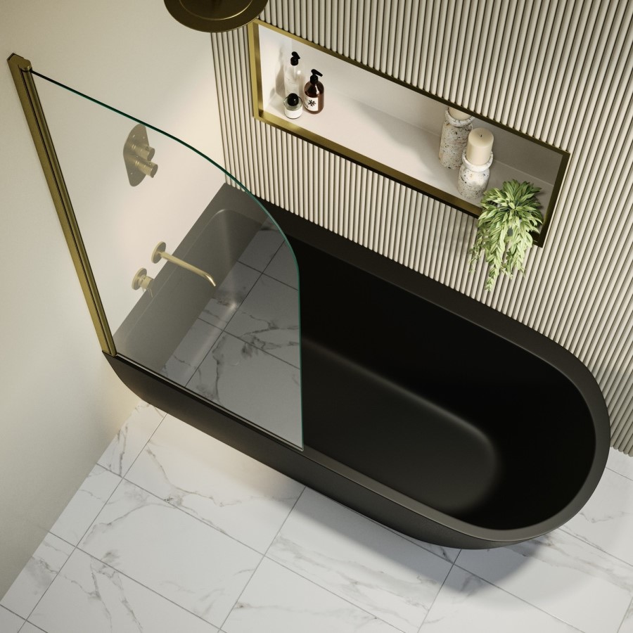 Matt Black Freestanding Shower Bath Single Ended Left Hand Corner with Brass Bath Screen 1650 x 800mm - Amaro