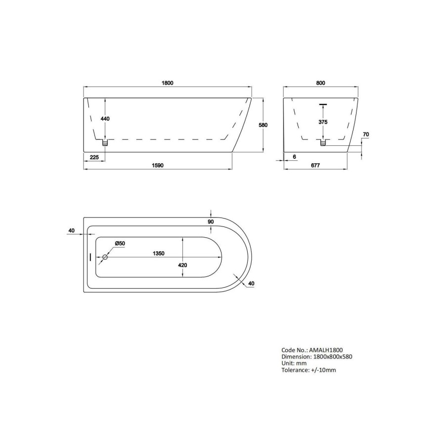 Freestanding Shower Bath Single Ended Left Hand Corner with Brass Bath Screen 1800 x 800mm - Amaro