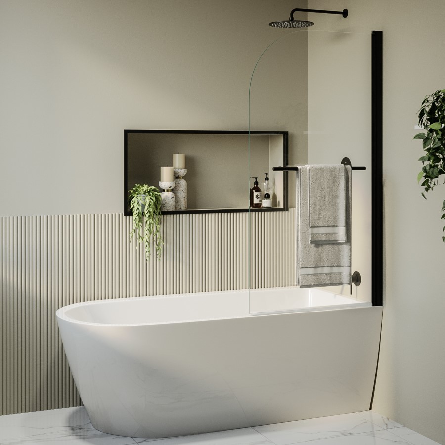 Grade A2 - Freestanding Single Ended Right Hand Corner Shower Bath with Black Bath Screen with Towel Rail  1650 x 800mm - Amaro