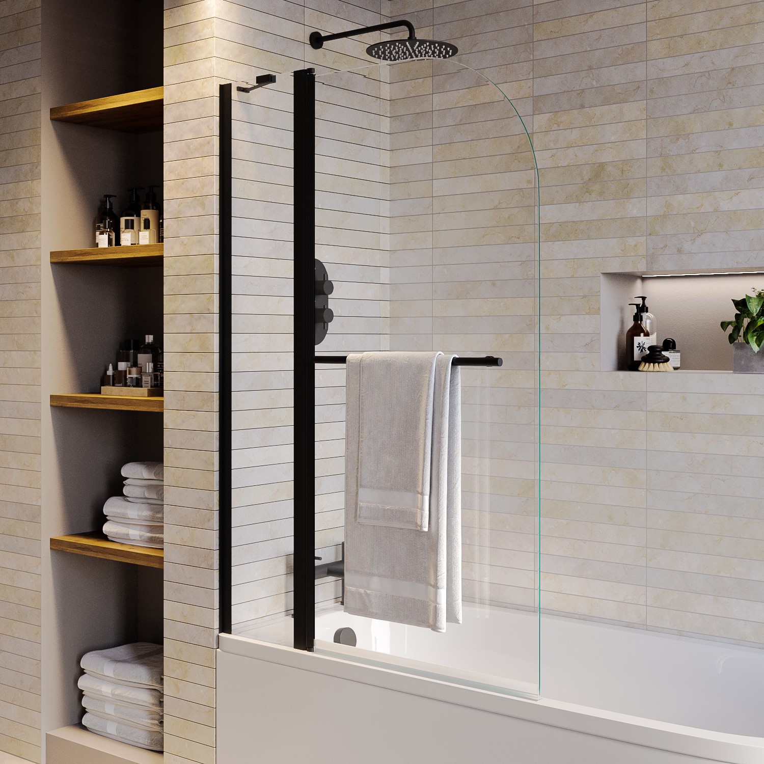 Operable Shower Screen Matt Black 1450mm x 975mm Hinged Shower Bath Screen with Fixed Panel ...