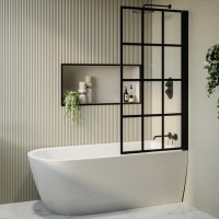 Grade A1 - Freestanding Single Ended Right Hand Corner Shower Bath with Black Grid Bath Screen 1650 x 800mm - Amaro Grade A1 - Freestanding Single Ended Right Hand Corner Shower Bath with Black Grid Bath Screen 1650 x 800mm - Amaro