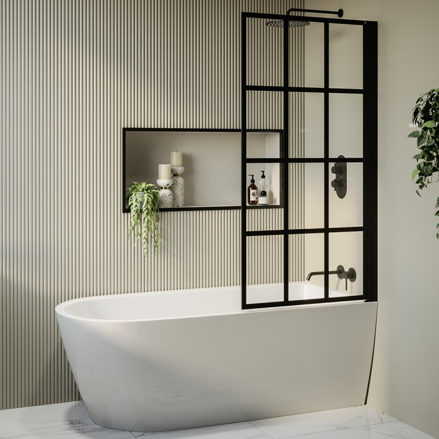 Grade A1 - Freestanding Single Ended Right Hand Corner Shower Bath with Black Grid Bath Screen 1650 x 800mm - Amaro