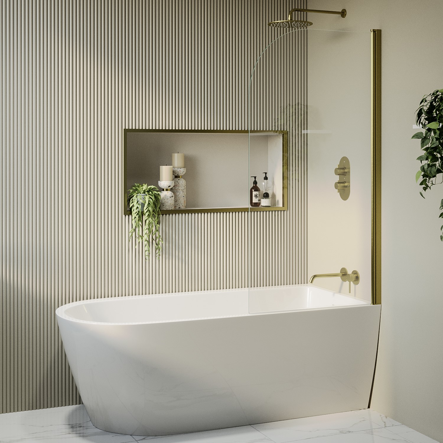 Amaro White Freestanding Shower Bath Single Ended Right Hand Corner With Brass Bath Screen 1650 X 800Mm