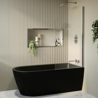 Matt Black Freestanding Shower Bath Single Ended Right Hand Corner with Chrome Bath Screen 1650 x 800mm - Amaro Matt Black Freestanding Shower Bath Single Ended Right Hand Corner with Chrome Bath Screen 1650 x 800mm - Amaro