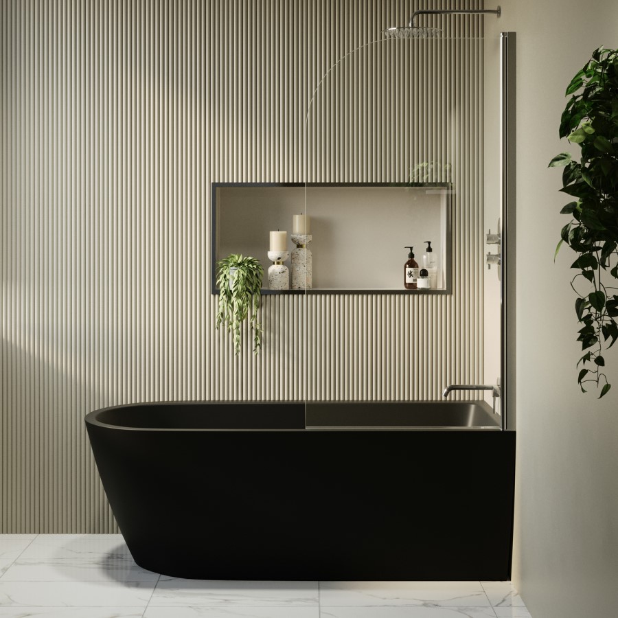 Matt Black Freestanding Shower Bath Single Ended Right Hand Corner with Chrome Bath Screen 1650 x 800mm - Amaro