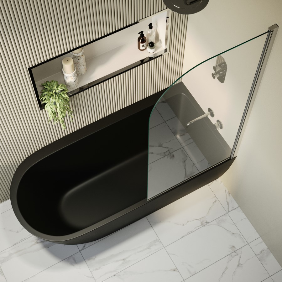 Matt Black Freestanding Shower Bath Single Ended Right Hand Corner with Chrome Bath Screen 1650 x 800mm - Amaro