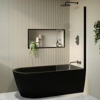 Matt Black Freestanding Shower Bath Single Ended Right Hand Corner with Black Bath Screen 1650 x 800mm - Amaro Matt Black Freestanding Shower Bath Single Ended Right Hand Corner with Black Bath Screen 1650 x 800mm - Amaro