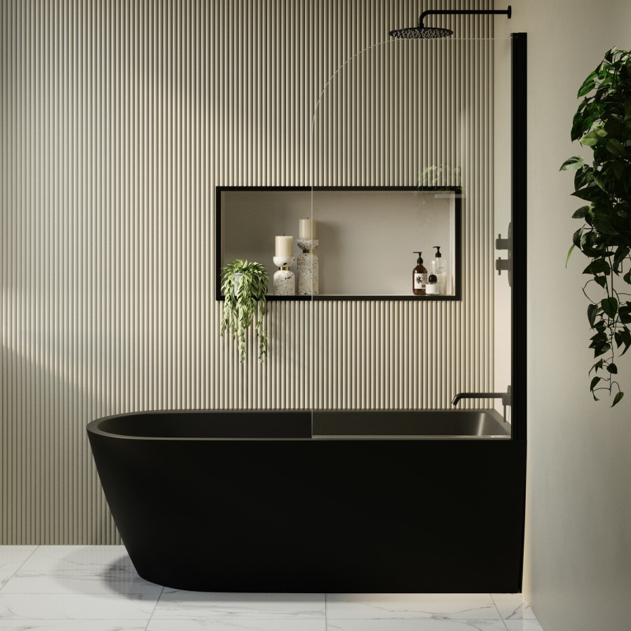 Matt Black Freestanding Shower Bath Single Ended Right Hand Corner with Black Bath Screen 1650 x 800mm - Amaro