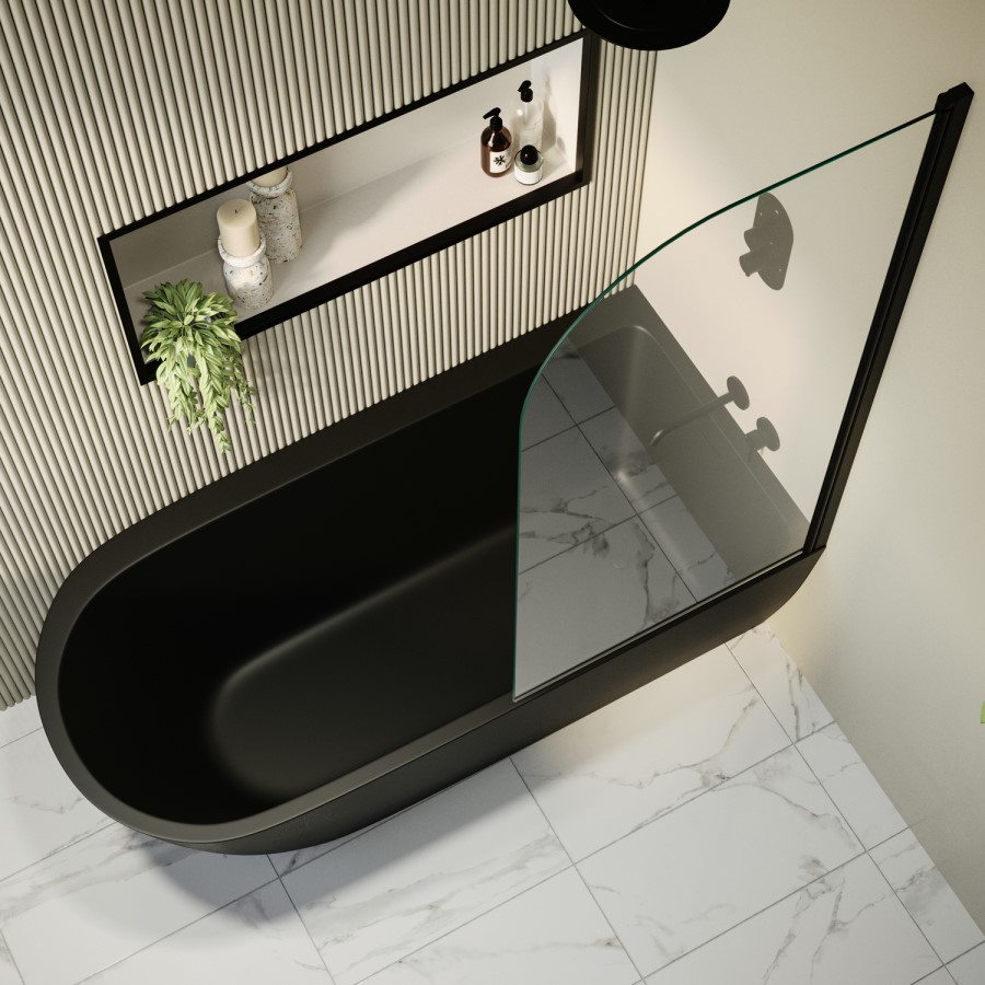 Matt Black Freestanding Shower Bath Single Ended Right Hand Corner with Black Bath Screen 1650 x 800mm - Amaro