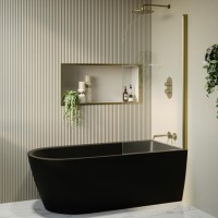 Matt Black Freestanding Shower Bath Single Ended Right Hand Corner with Brass Bath Screen 1650 x 800mm - Amaro Matt Black Freestanding Shower Bath Single Ended Right Hand Corner with Brass Bath Screen 1650 x 800mm - Amaro