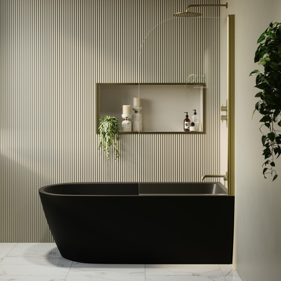 Matt Black Freestanding Shower Bath Single Ended Right Hand Corner with Brass Bath Screen 1650 x 800mm - Amaro