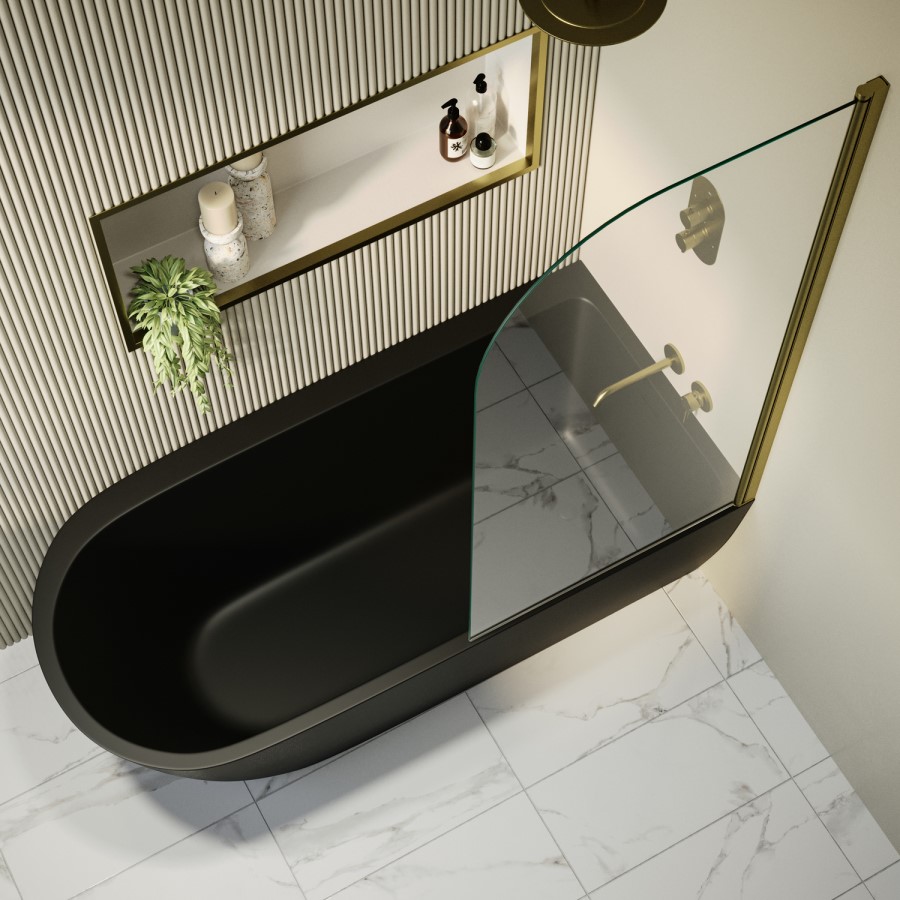 Matt Black Freestanding Shower Bath Single Ended Right Hand Corner with Brass Bath Screen 1650 x 800mm - Amaro