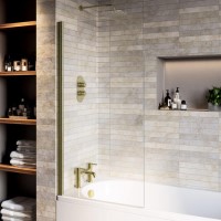 Brushed Brass Hinged Shower Bath Screen with Towel Rail 1450 x 775mm - Taurus