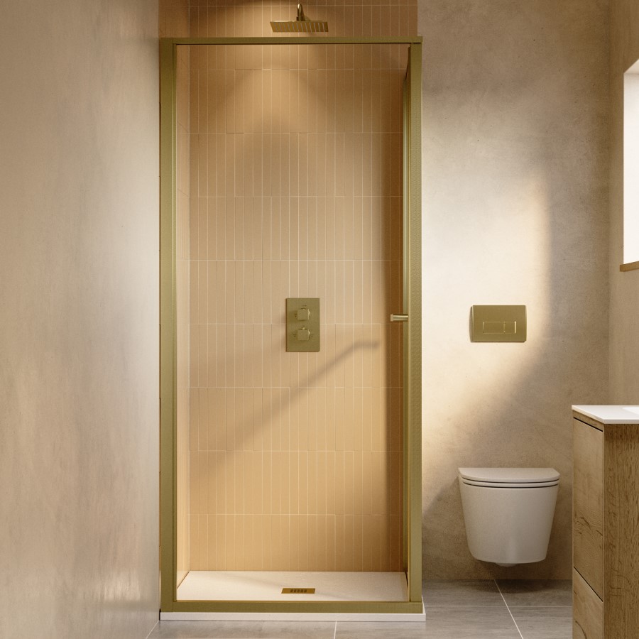 800x800mm Brushed Brass Square Sliding In-Fold Shower Enclosure 6mm Glass and Low Profile Shower Tray - Apollo
