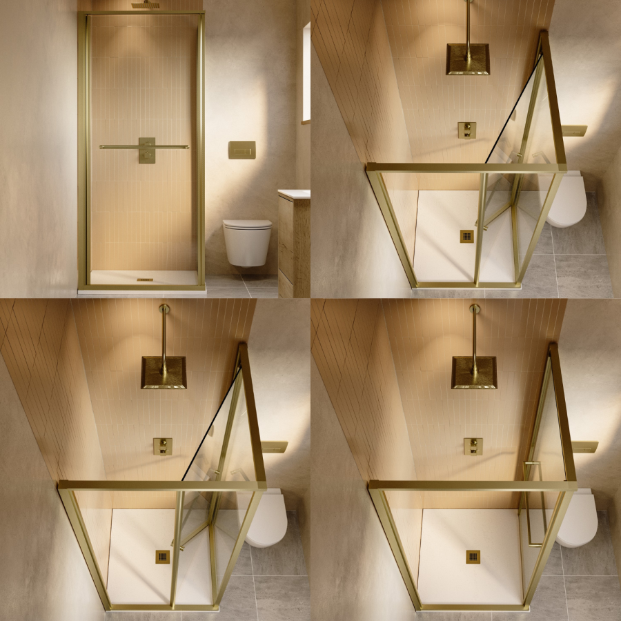 800x800mm Brushed Brass Square Sliding In-Fold Shower Enclosure 6mm Glass - Apollo