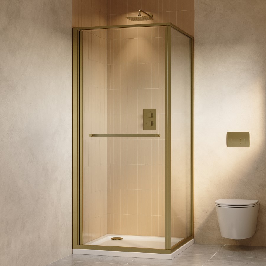 800x800mm Brushed Brass In-Fold Sliding Shower Enclosure 6mm Glass and Shower Tray - Apollo
