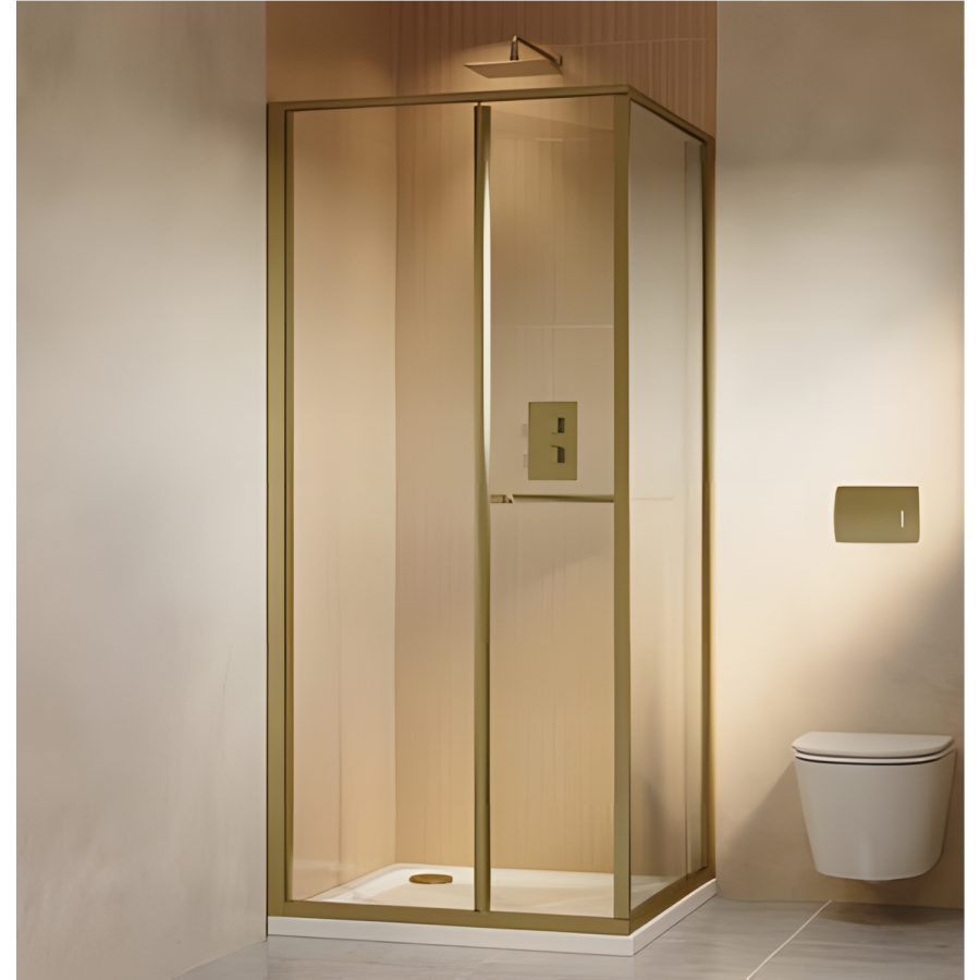 800x800mm Brushed Brass In-Fold Sliding Shower Enclosure 6mm Glass and Shower Tray - Apollo