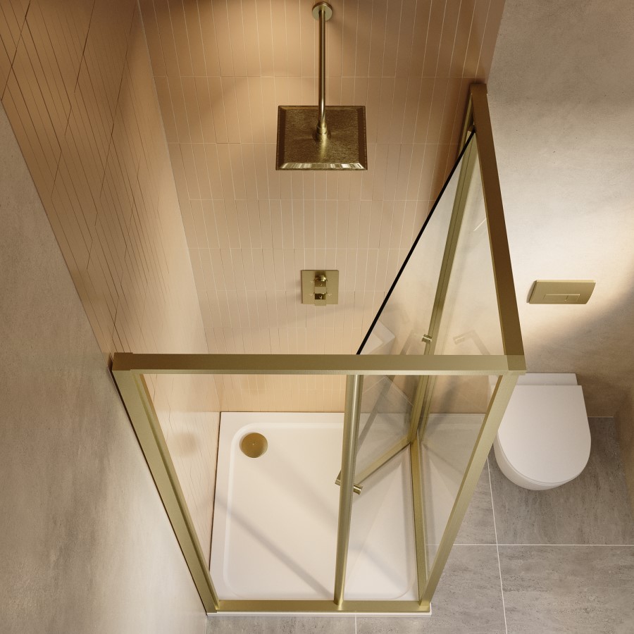800x800mm Brushed Brass In-Fold Sliding Shower Enclosure 6mm Glass and Shower Tray - Apollo
