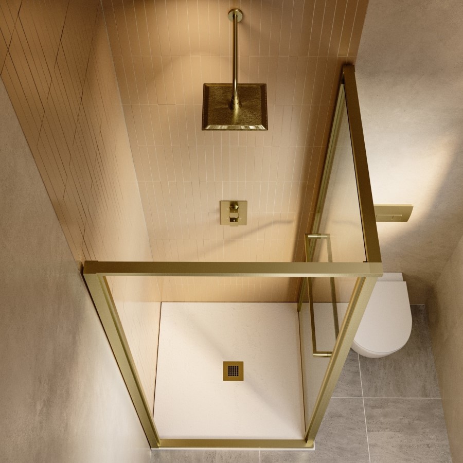800x800mm Brushed Brass Square Sliding In-Fold Shower Enclosure 6mm Glass and Low Profile Shower Tray - Apollo