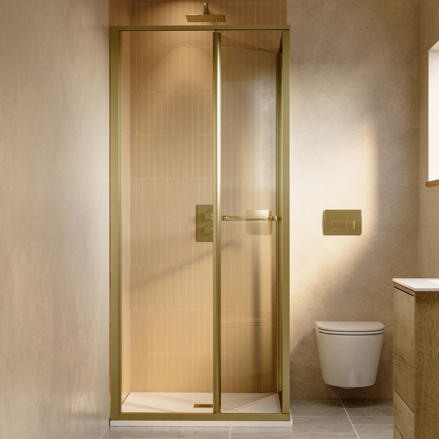 900x900mm Brushed Brass Square Sliding In-Fold Shower Enclosure 6mm Glass - Apollo