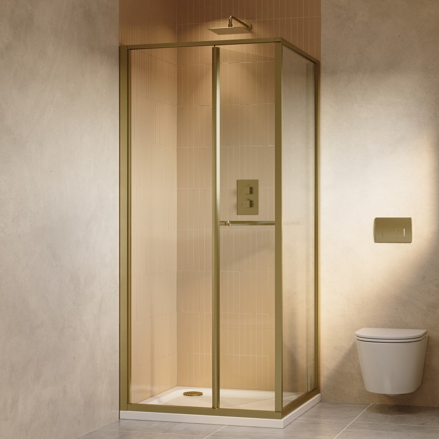 900x900mm Brushed Brass In-Fold Sliding Shower Enclosure 6mm Glass and Shower Tray - Apollo
