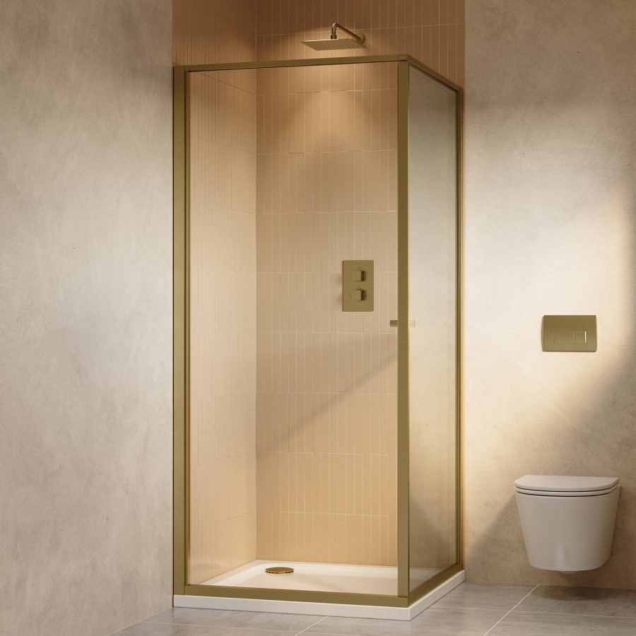900x900mm Brushed Brass In-Fold Sliding Shower Enclosure 6mm Glass and Shower Tray - Apollo
