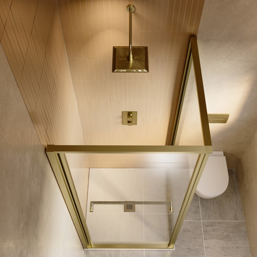 900x900mm Brushed Brass Square Sliding In-fold Shower Enclosure 6mm Glass and Low Profile Shower Tray - Apollo