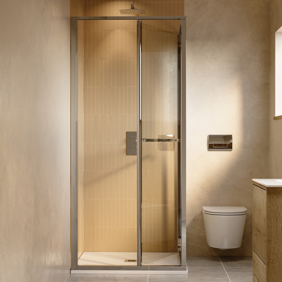 900x900mm Chrome In-Fold Sliding Shower Enclosure 6mm Glass and Low Profile Shower Tray - Apollo