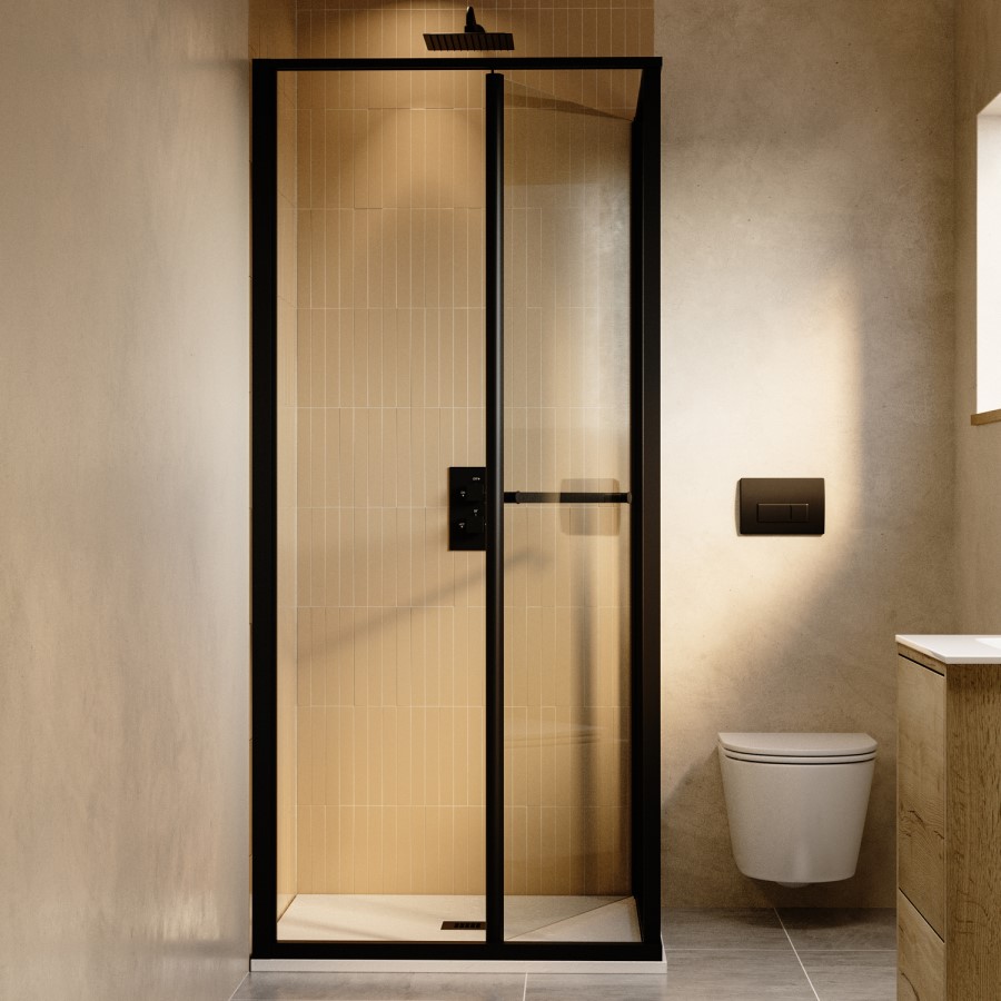 800x800mm Black In-Fold Sliding Shower Enclosure 6mm Glass and Low Profile Shower Tray - Apollo