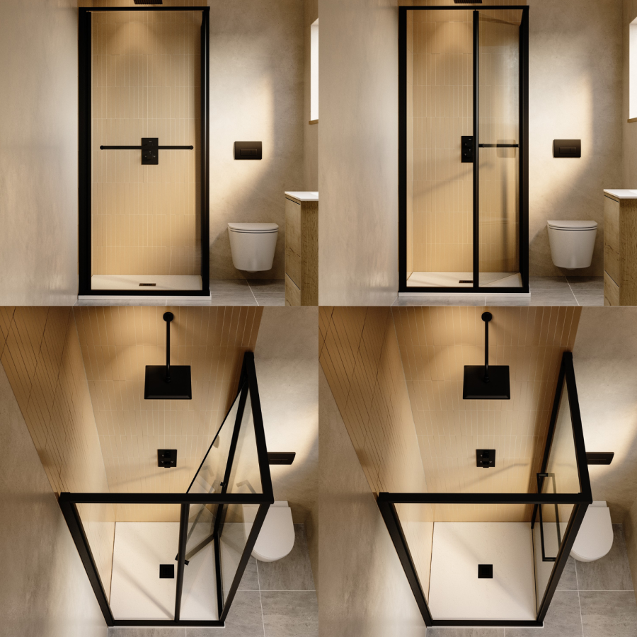 800x800mm Black In-Fold Sliding Shower Enclosure 6mm Glass and Low Profile Shower Tray - Apollo