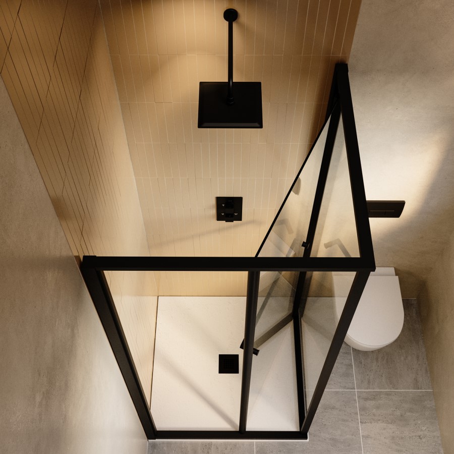 800x800mm Black In-Fold Sliding Shower Enclosure 6mm Glass and Low Profile Shower Tray - Apollo