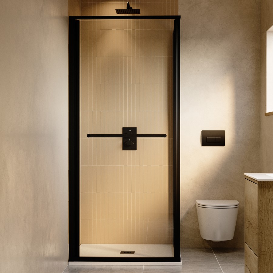 900x900mm Black In-Fold Sliding Shower Enclosure 6mm Glass and Low Profile Shower Tray  - Apollo