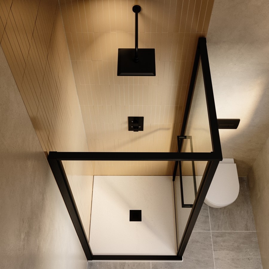 900x900mm Black In-Fold Sliding Shower Enclosure 6mm Glass and Low Profile Shower Tray  - Apollo