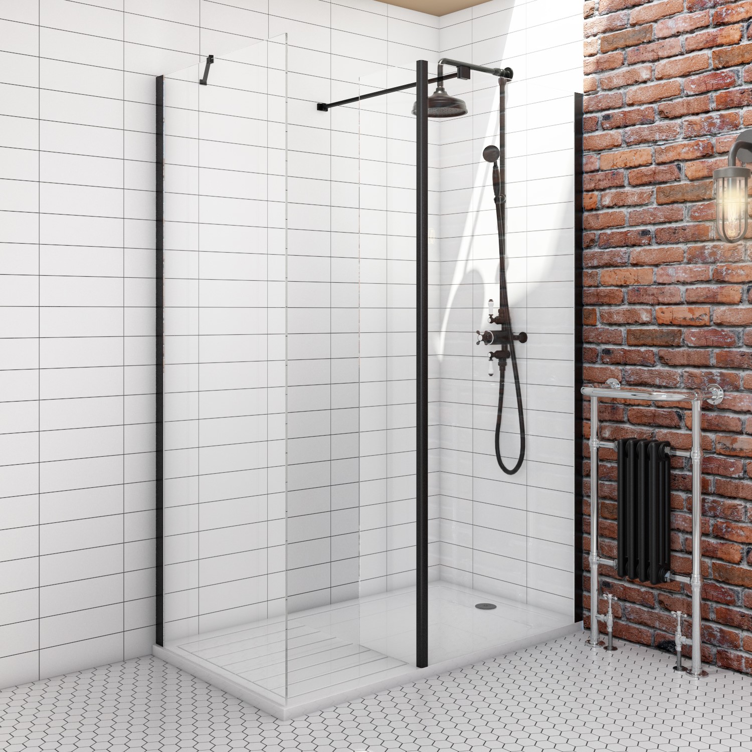1400x800mm Black Frameless Walk In Shower Enclosure and Shower Tray Corvus Better Bathrooms