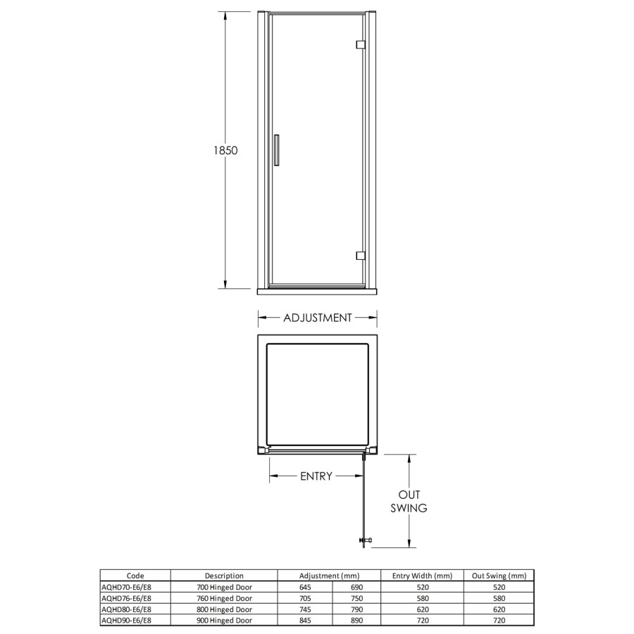 900 x 800mm Rectangular Hinged Shower Enclosure- Fiji