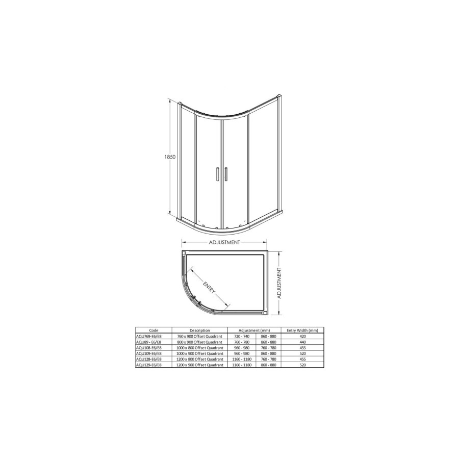 900 x 760mm Right Hand Offset Quadrant Shower Enclosure and Tray - Fiji