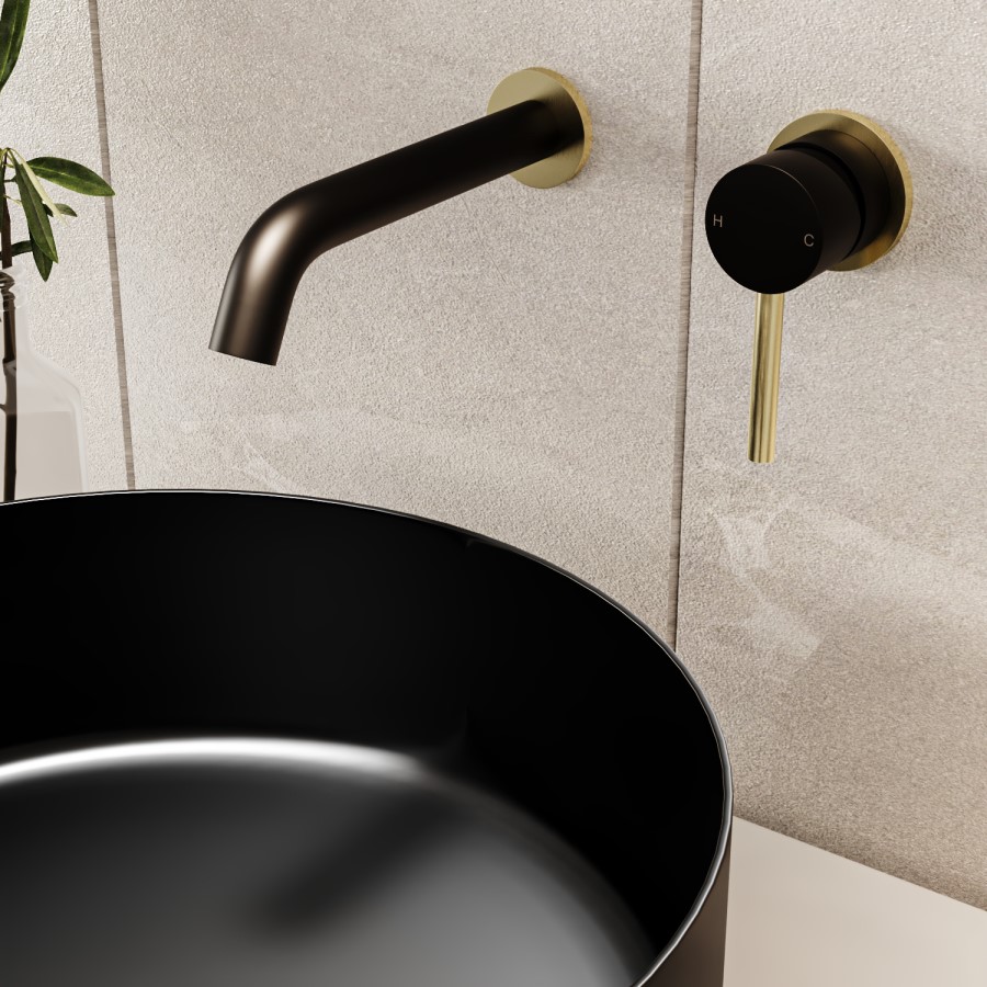 2 Tone Black and Brushed Brass Wall Mounted Basin and Bath Tap Pack - Arissa