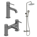 BUN/ARGMROUNDSM/90122 Gunmetal Grey Shower Bath and Basin Tap Set - Arissa