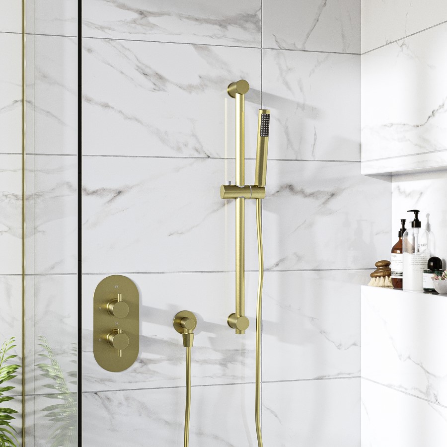 Grade A1 - Brushed Brass Single Outlet Thermostatic Mixer Shower Set with Hand Shower - Arissa