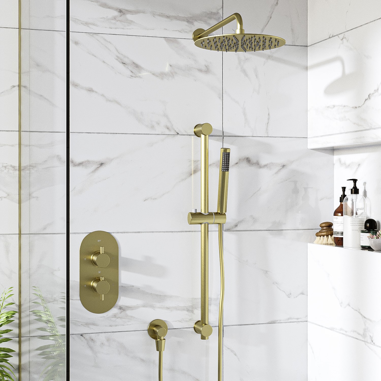 Arissa Brass Brushed 2 Outlet Wall Mounted Thermostatic Mixer Shower Set With Hand Shower