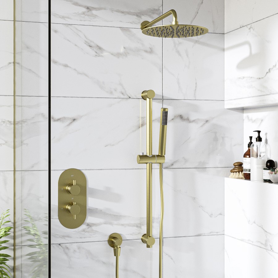 Brushed Brass 2 Outlet  Wall Mounted Thermostatic Mixer Shower Set with Hand Shower - Arissa