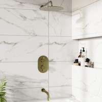 Brushed Brass 2 Outlet Thermostatic Bath Mixer Shower Set With 250mm Wall Mounted Shower Head and Bath Filler Spout - Arissa Brushed Brass 2 Outlet Thermostatic Bath Mixer Shower Set With 250mm Wall Mounted Shower Head and Bath Filler Spout - Arissa