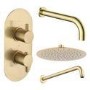 Brushed Brass 2 Outlet Thermostatic Bath Mixer Shower Set With 250mm Wall Mounted Shower Head and Bath Filler Spout - Arissa