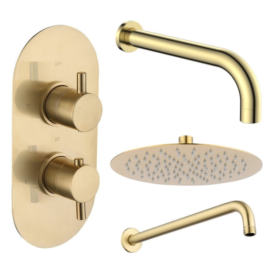 Brushed Brass 2 Outlet Thermostatic Bath Mixer Shower Set With 250mm Wall Mounted Shower Head and Bath Filler Spout - Arissa
