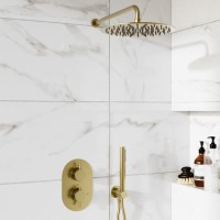 Brushed Brass 2 Outlet Wall Mounted Thermostatic Mixer Shower Set With Hose - Arissa	