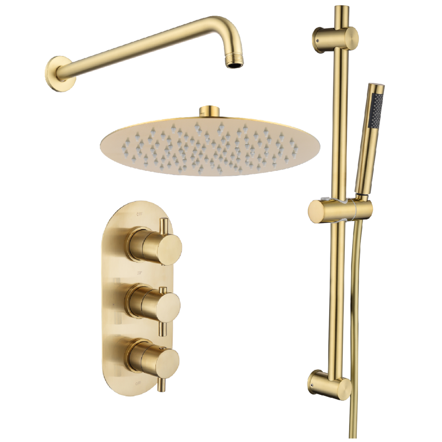 Brushed Brass Concealed Thermostatic Mixer Shower with Wall Mounted Brushed Brass Concealed Thermostatic Mixer Shower with Wall Mounted
