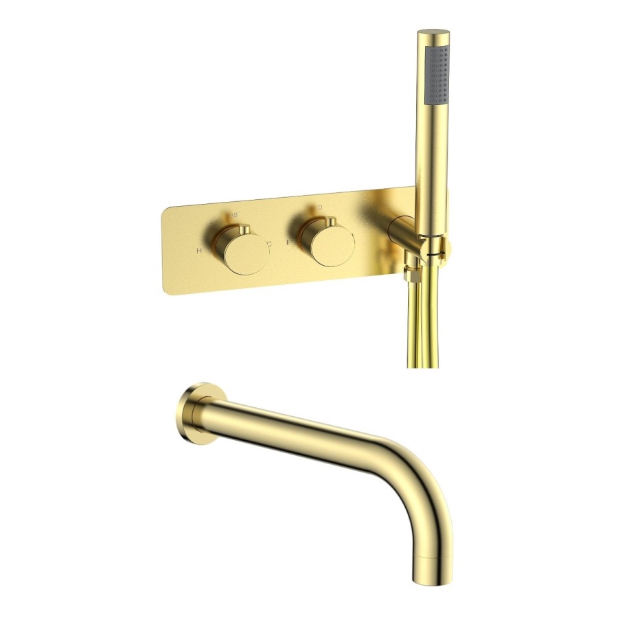 Brushed Brass 2 Outlet Wall Mounted Thermostatic Bath Mixer Shower Set With Hand Shower & Bath Filler Spout - Arissa