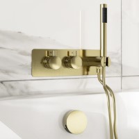 Brushed Brass 2 Outlet Thermostatic Mixer Shower Set with Overflow Bath Filler - Arissa
