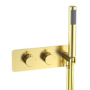 Brushed Brass 2 Outlet Thermostatic Mixer Shower Set with Square Bath Filler Spout and Integrated Hand Shower - Zana