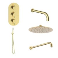 Brushed Brass Triple Outlet Wall Mounted Thermostatic Mixer Shower Set With Hand Shower and Bath Filler Spout - Arissa